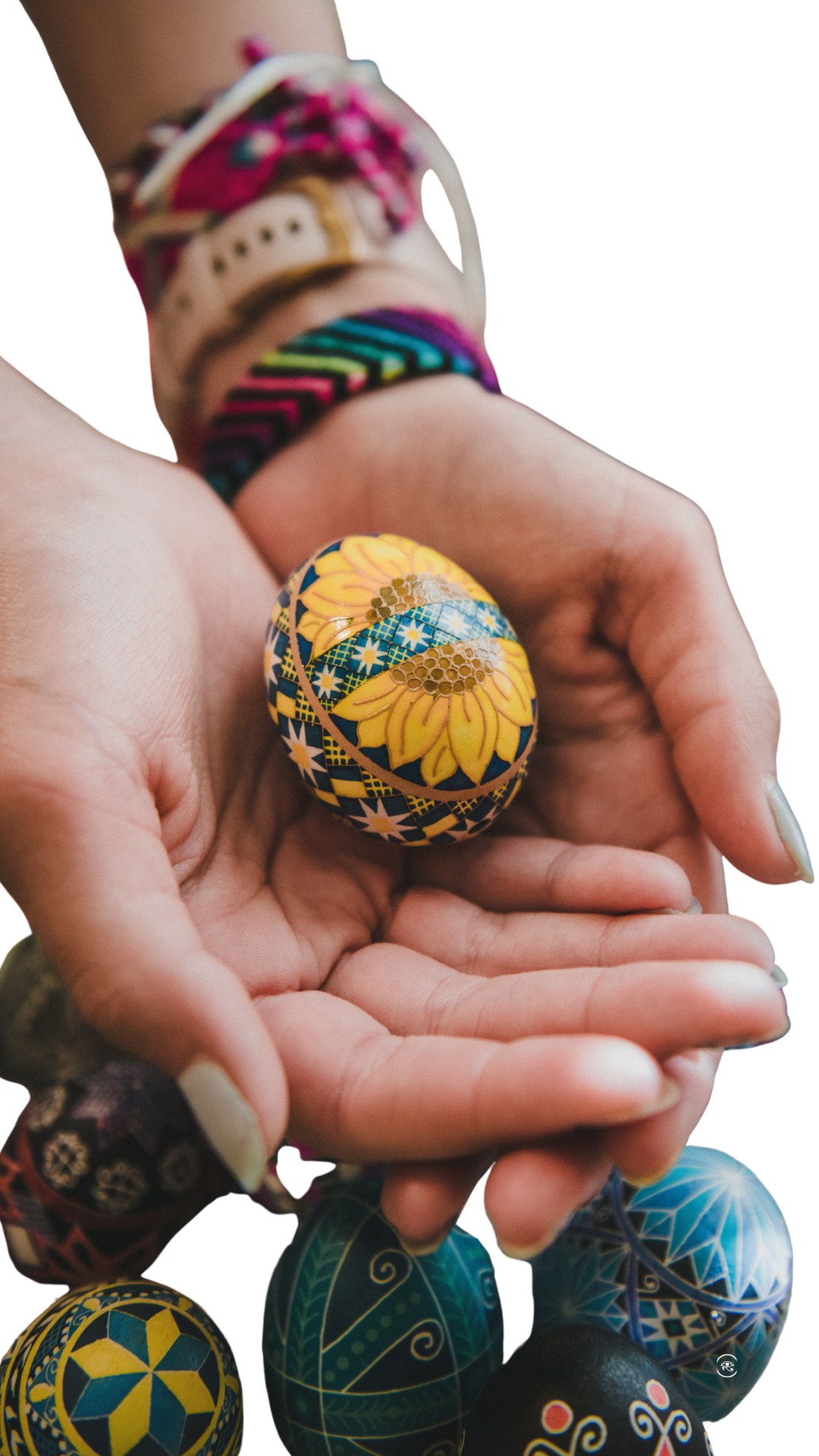 Hands holding a Ukrainian pysanka decorated with a sunflower